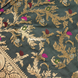 Grey Blended With Floral Design Banarasi Katan Saree