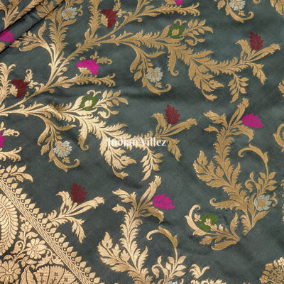 Grey Blended With Floral Design Banarasi Katan Saree