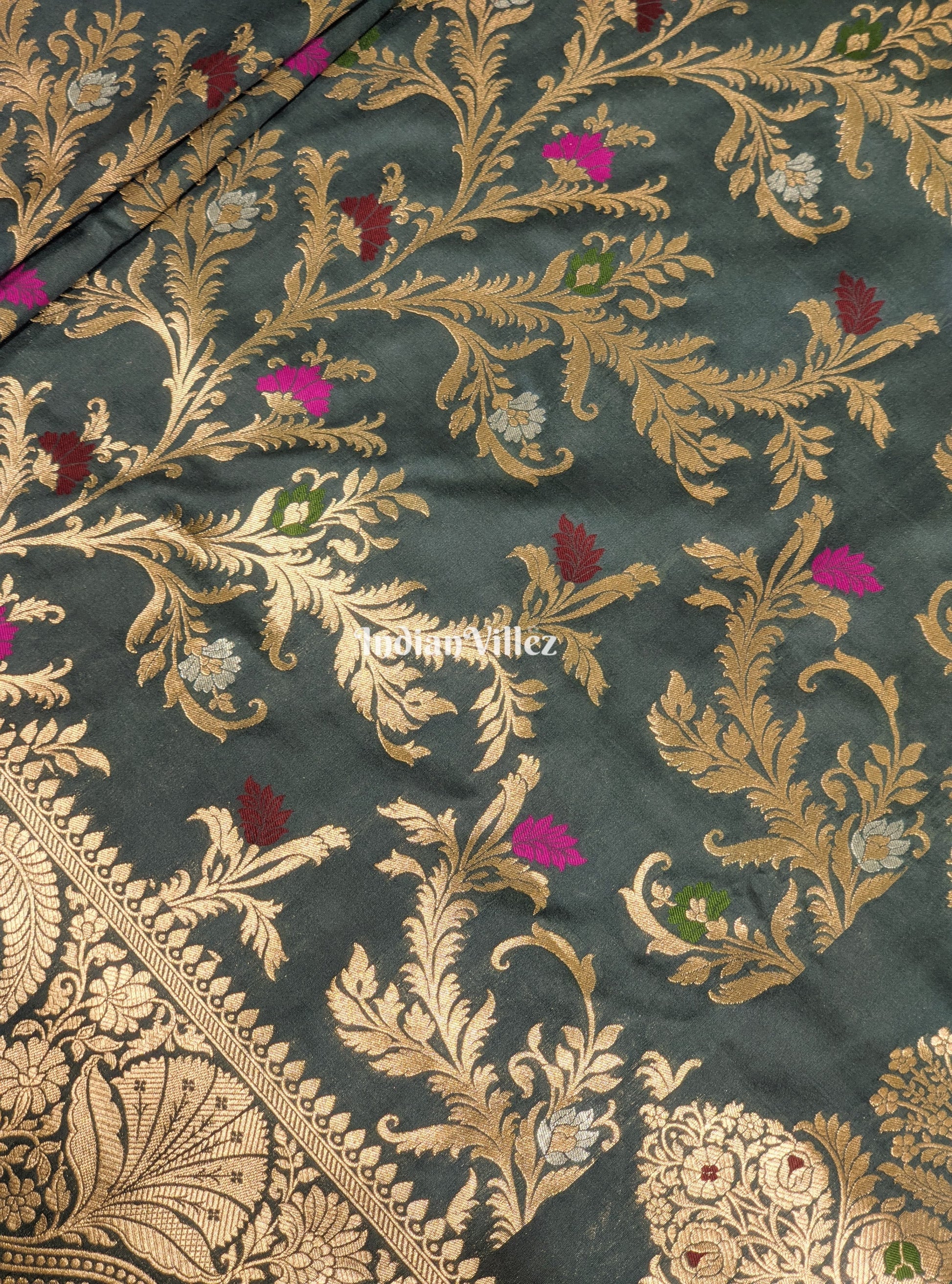 Grey Blended With Floral Design Banarasi Katan Saree