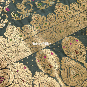 Grey Blended With Floral Design Banarasi Katan Saree