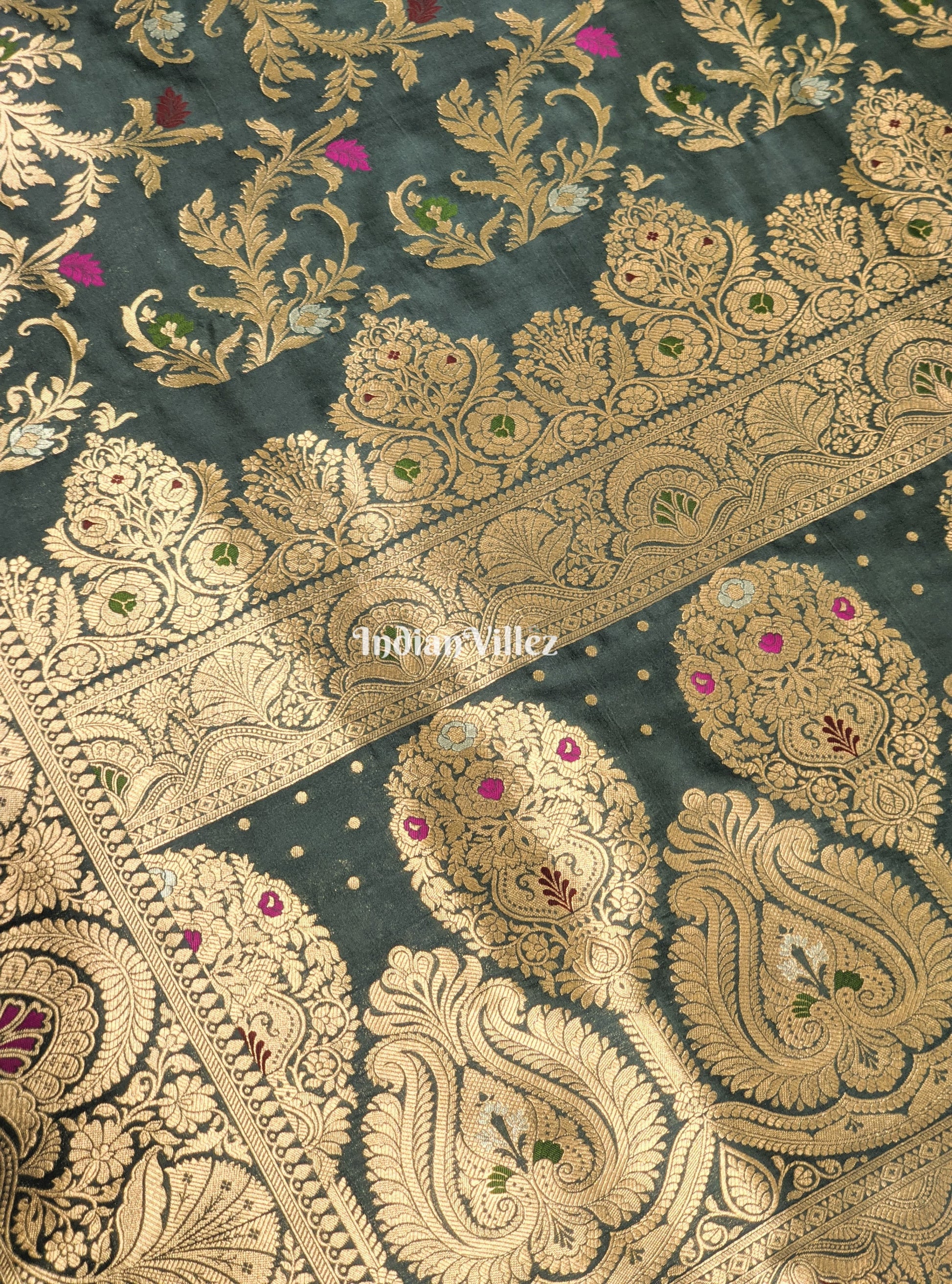Grey Blended With Floral Design Banarasi Katan Saree