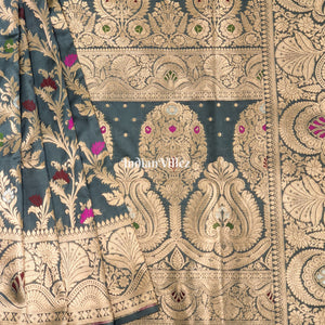 Grey Blended With Floral Design Banarasi Katan Saree
