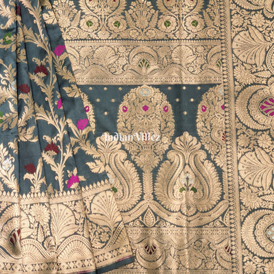 Grey Blended With Floral Design Banarasi Katan Saree