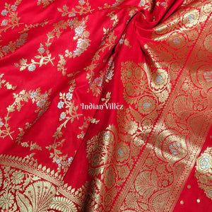 Rose Red Color With Floral Design Banarasi Katan Saree