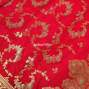 Rose Red Color With Floral Design Banarasi Katan Saree