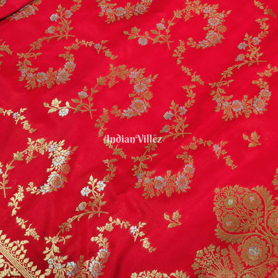 Rose Red Color With Floral Design Banarasi Katan Saree