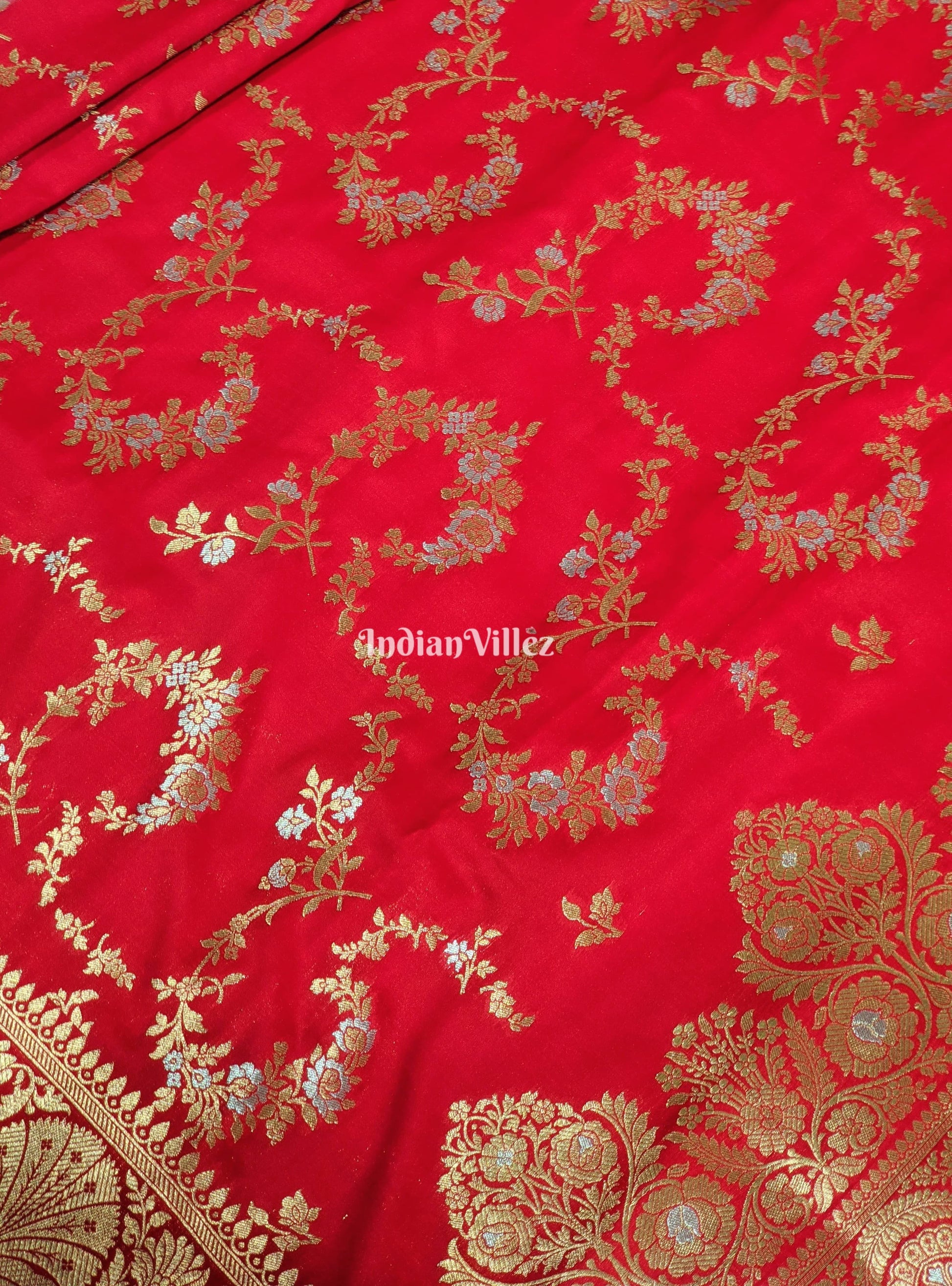 Rose Red Color With Floral Design Banarasi Katan Saree