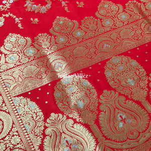 Rose Red Color With Floral Design Banarasi Katan Saree