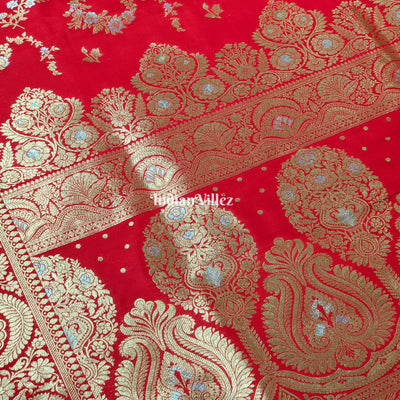 Rose Red Color With Floral Design Banarasi Katan Saree