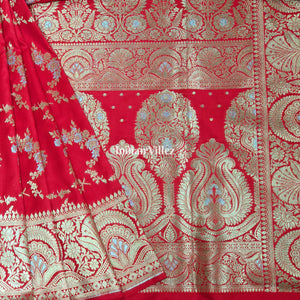 Rose Red Color With Floral Design Banarasi Katan Saree