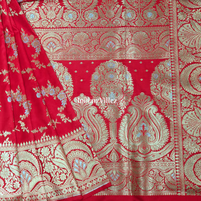 Rose Red Color With Floral Design Banarasi Katan Saree