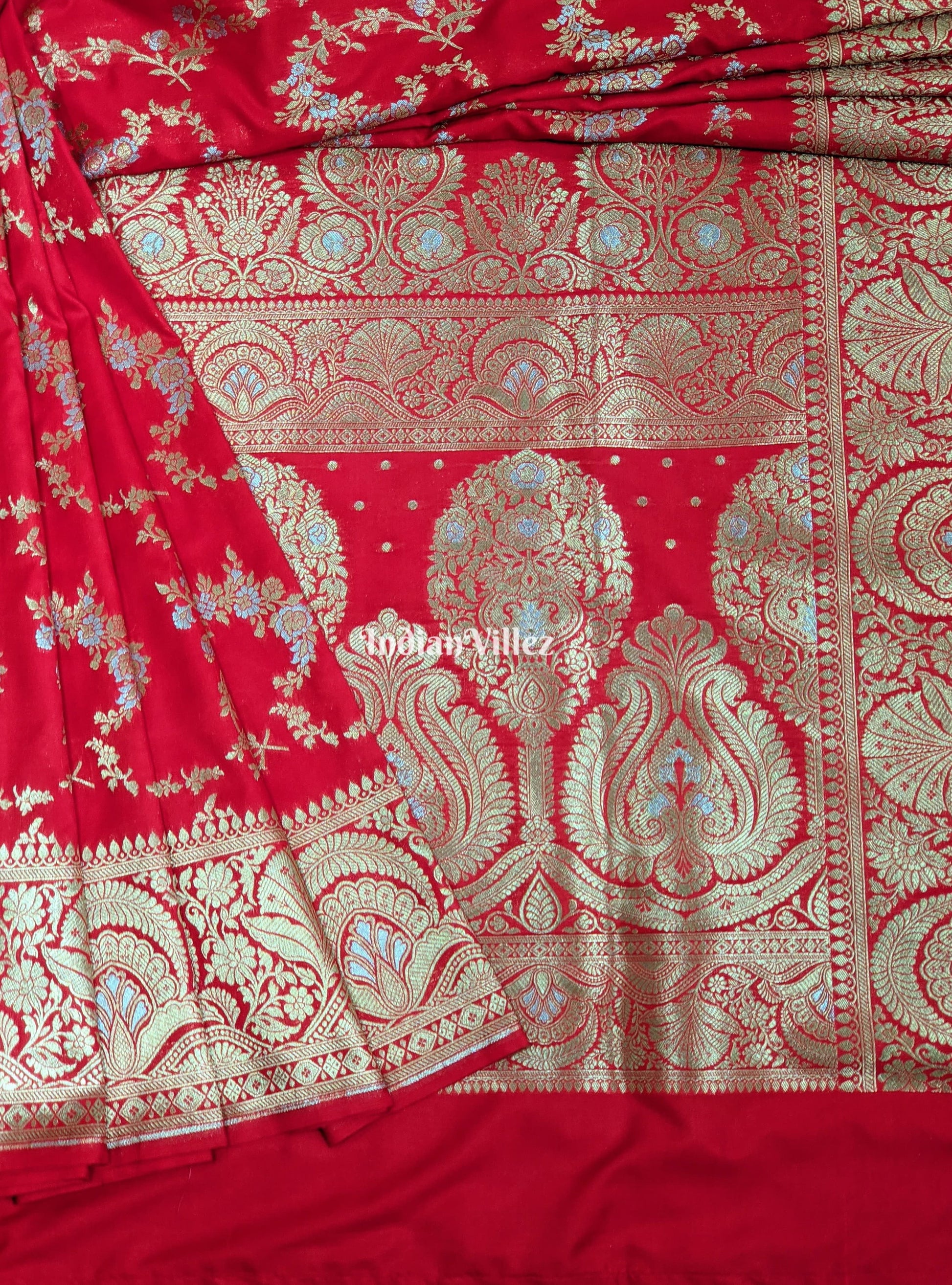 Rose Red Color With Floral Design Banarasi Katan Saree