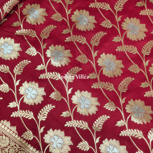 Cherry Red Color With Floral Design Pure Banarasi Katan Saree