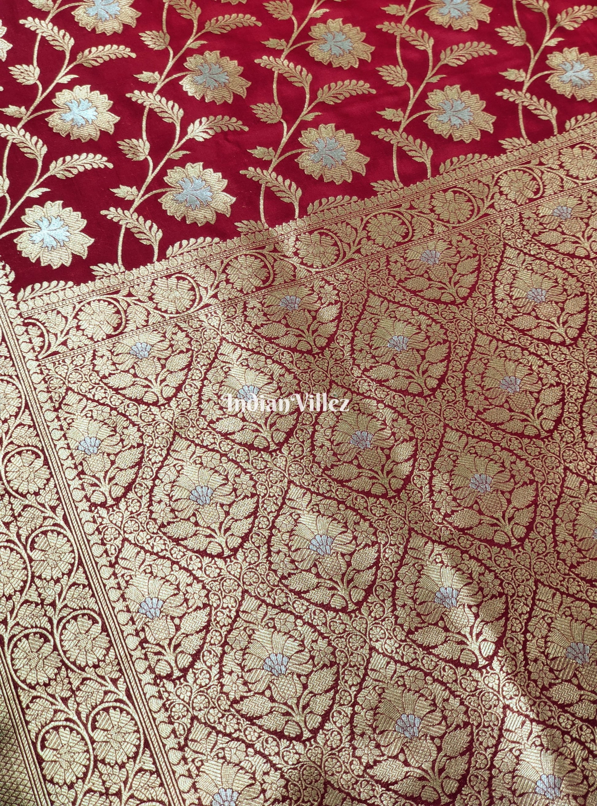 Cherry Red Color With Floral Design Pure Banarasi Katan Saree