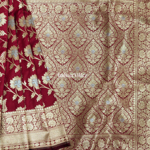 Cherry Red Color With Floral Design Pure Banarasi Katan Saree