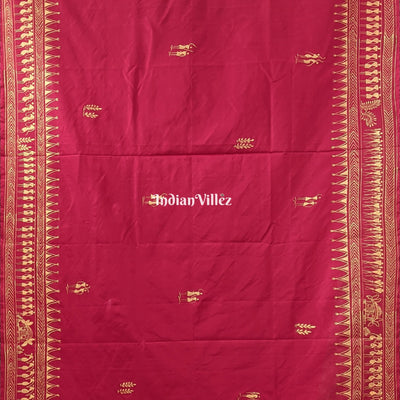 Red Tribal Themed Pattachitra Silk Saree
