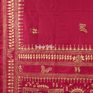 Red Tribal Themed Pattachitra Silk Saree