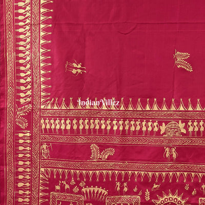 Red Tribal Themed Pattachitra Silk Saree