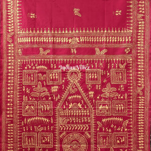 Red Tribal Themed Pattachitra Silk Saree