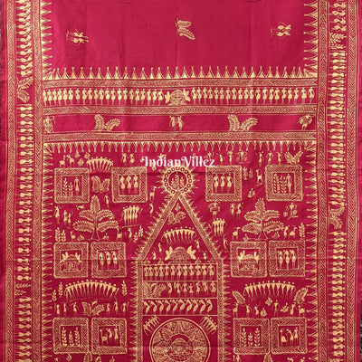 Red Tribal Themed Pattachitra Silk Saree