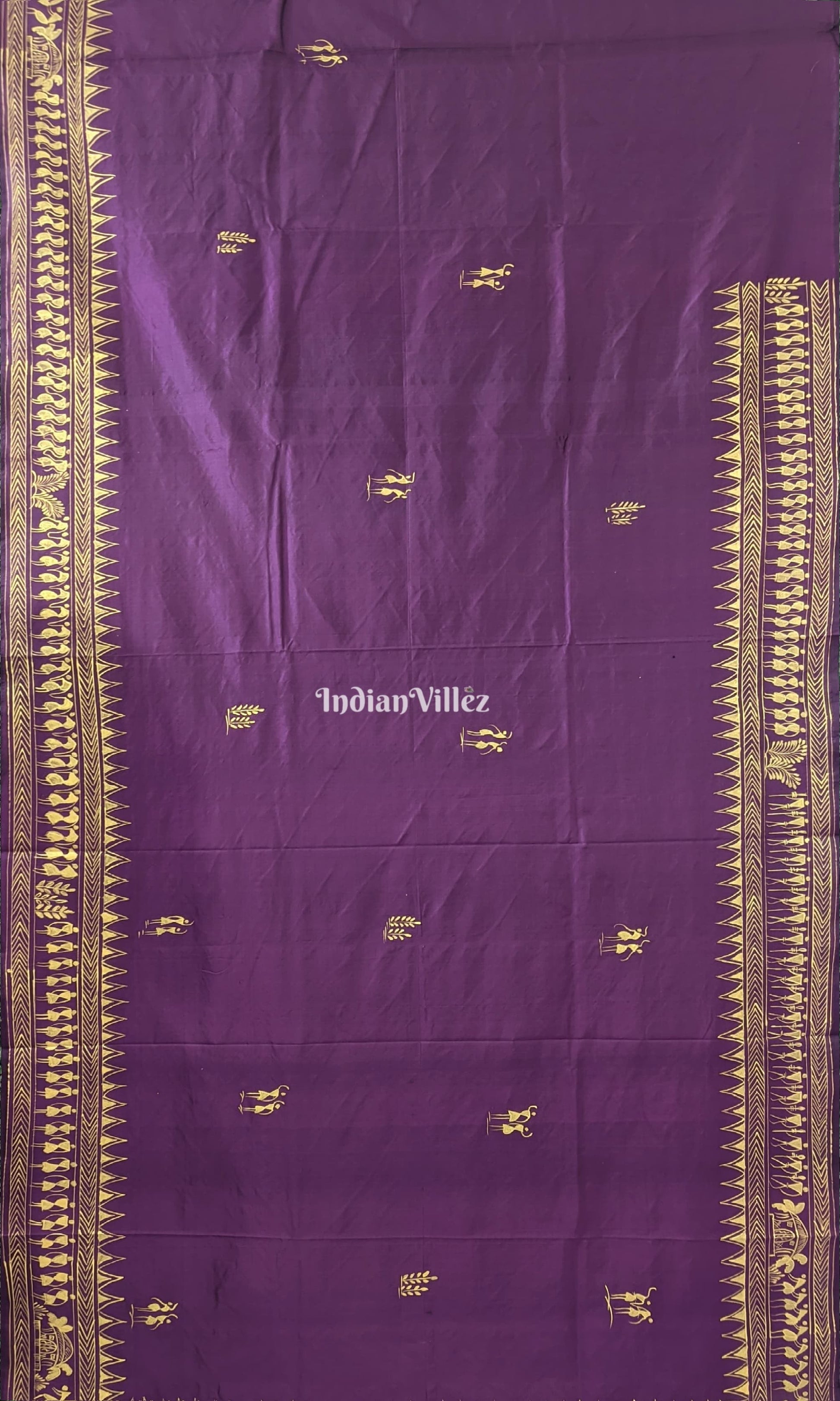 Wine Color Tribal Themed Hand-Painted Pattachitra Saree