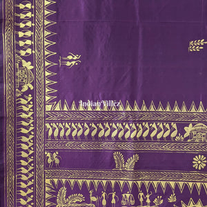Wine Color Tribal Themed Hand-Painted Pattachitra Saree