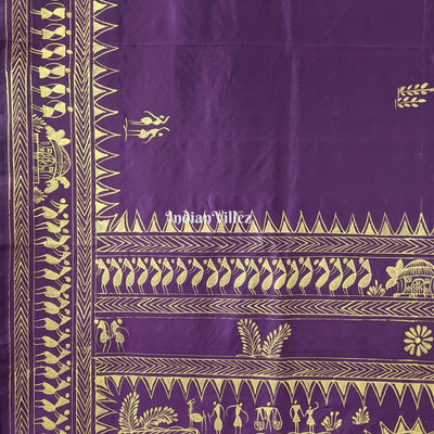 Wine Color Tribal Themed Hand-Painted Pattachitra Saree