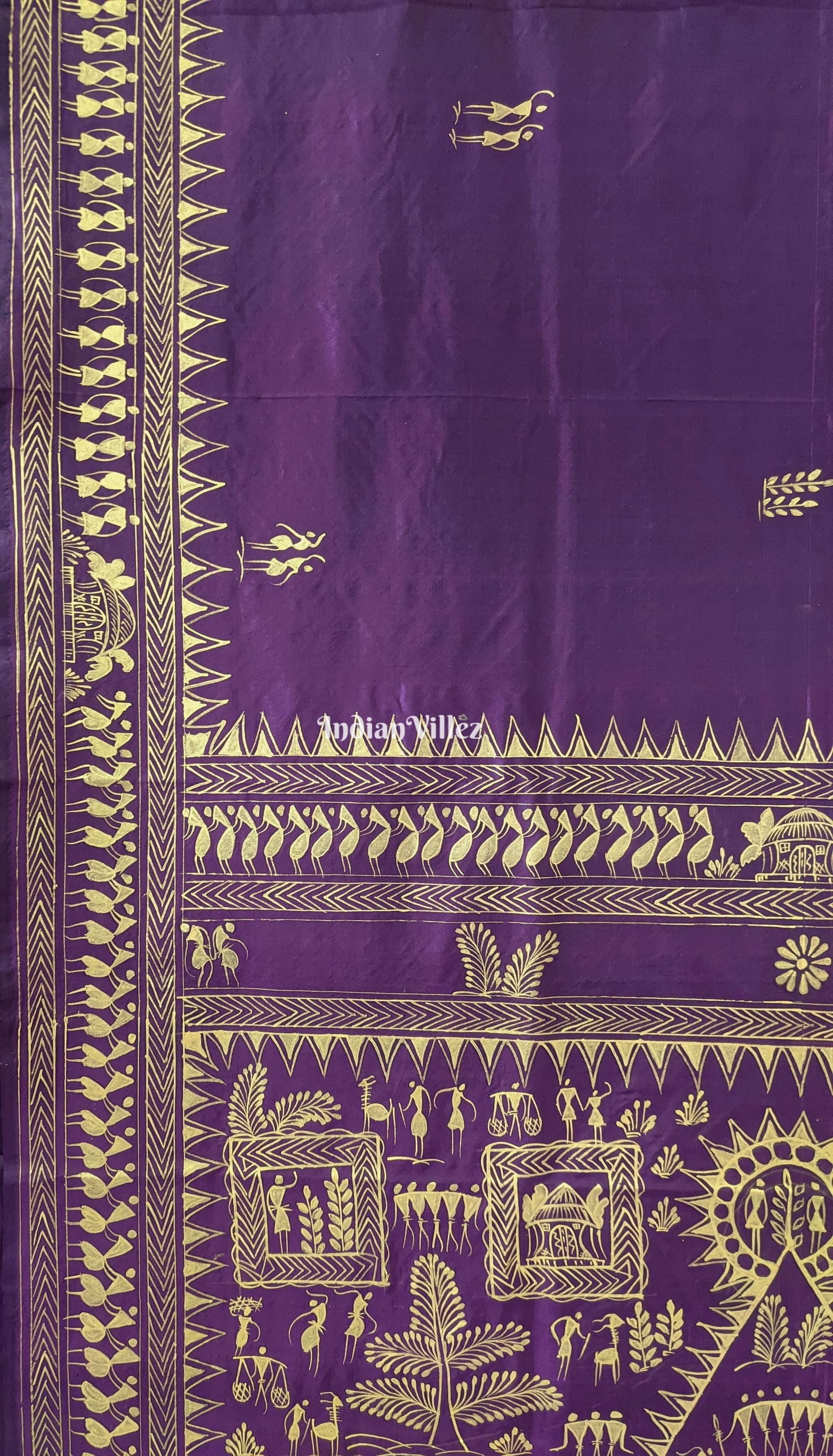 Wine Color Tribal Themed Hand-Painted Pattachitra Saree