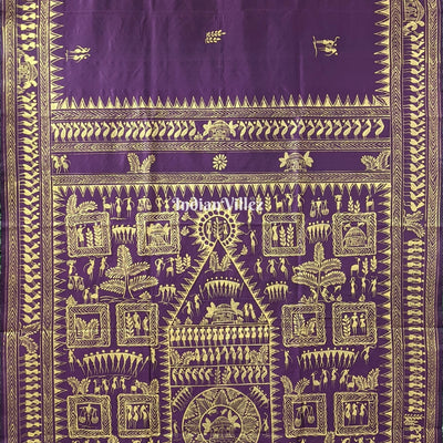 Wine Color Tribal Themed Hand-Painted Pattachitra Saree