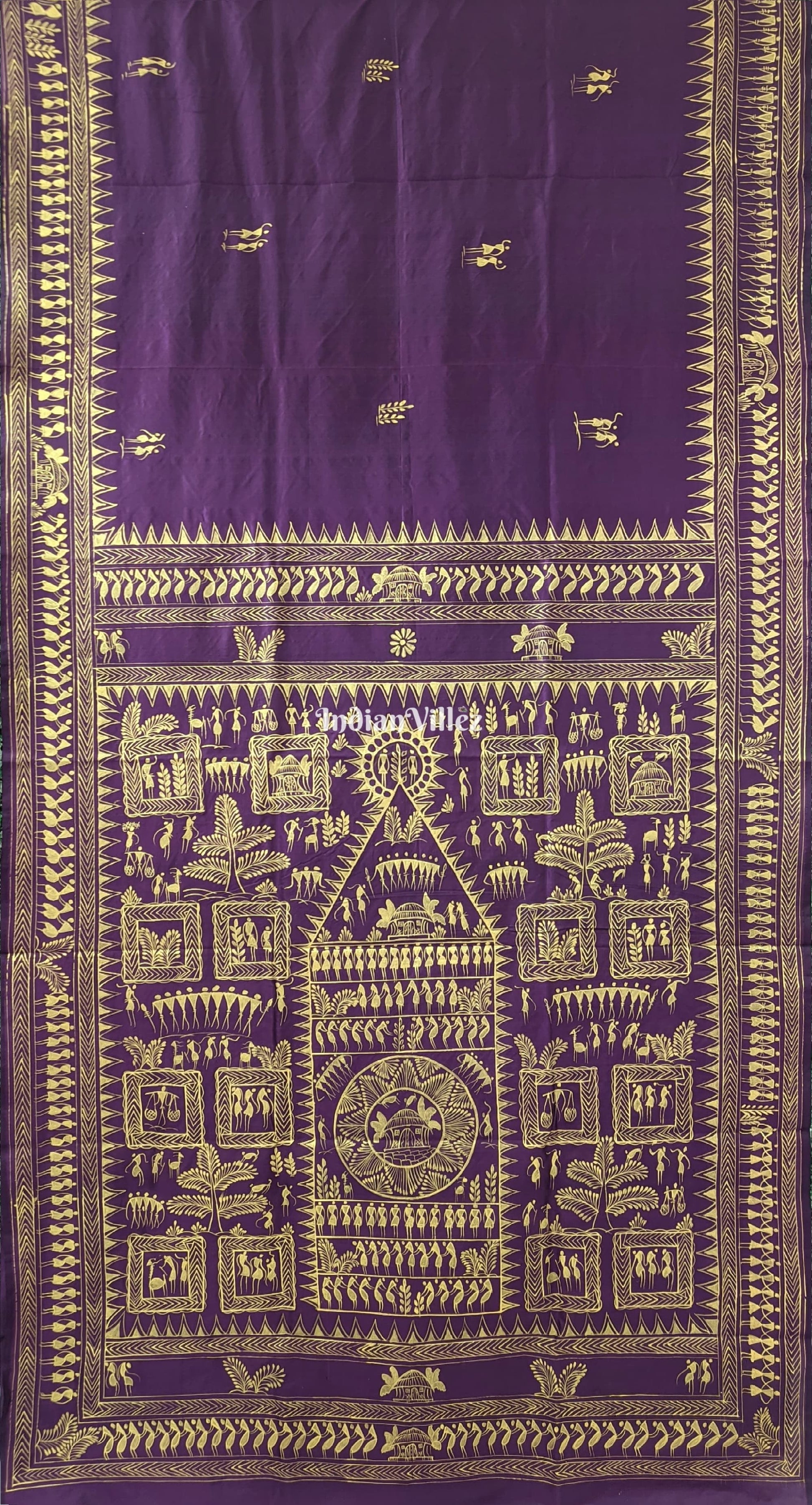 Wine Color Tribal Themed Hand-Painted Pattachitra Saree