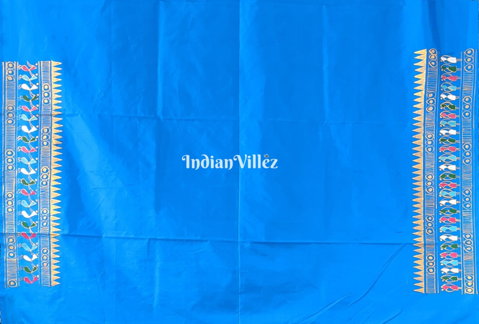 Copper Sulphate Tribal Art Konark Temple Hand-Painted Pattachitra Saree