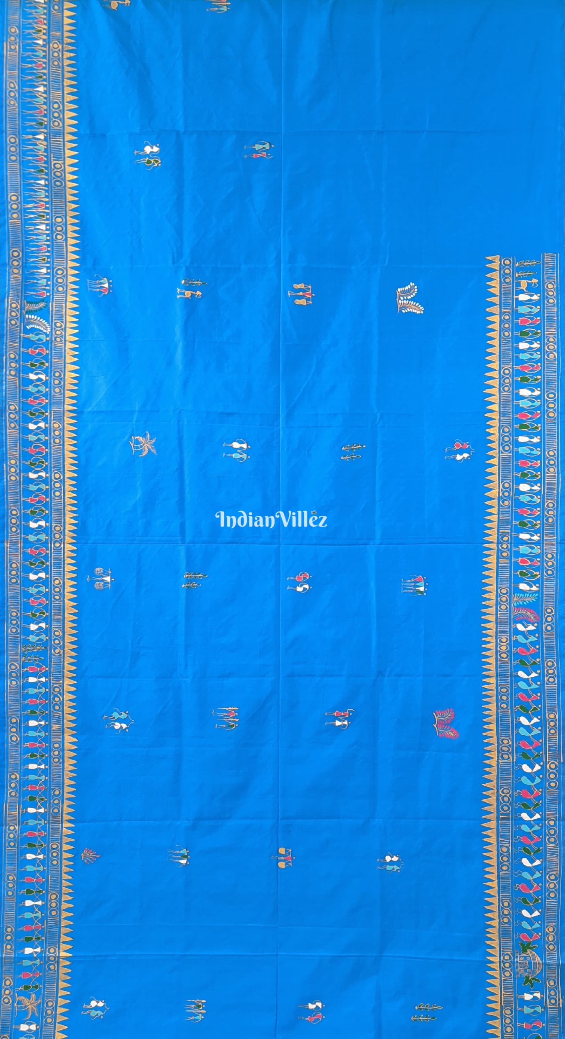 Copper Sulphate Tribal Art Konark Temple Hand-Painted Pattachitra Saree