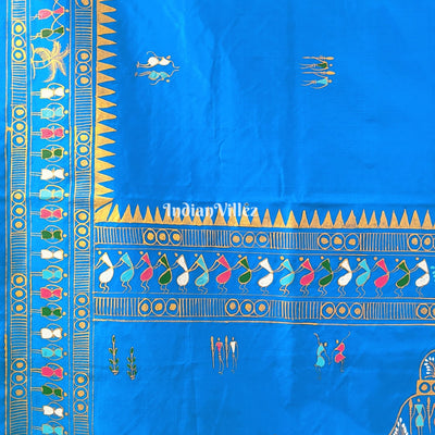 Copper Sulphate Tribal Art Konark Temple Hand-Painted Pattachitra Saree