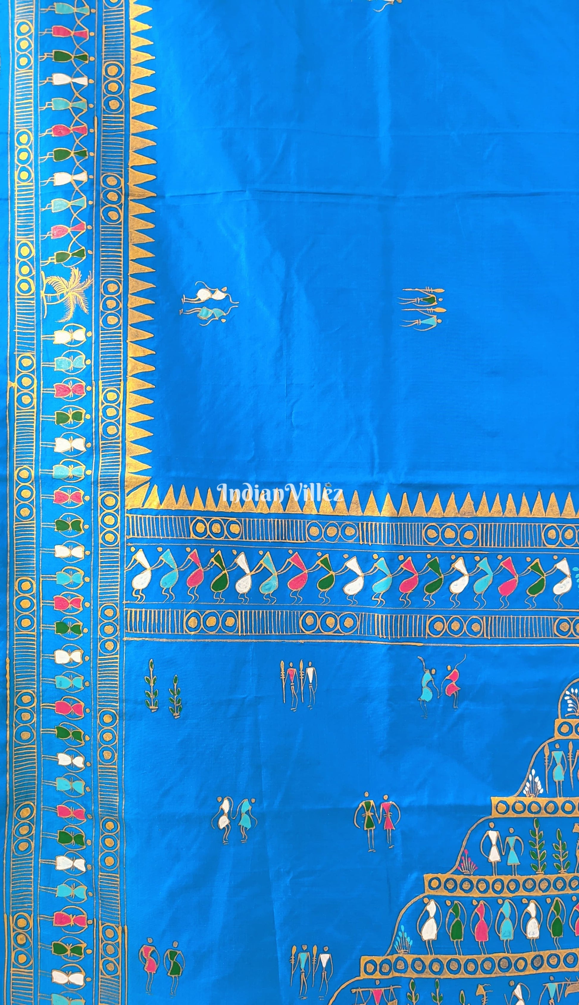Copper Sulphate Tribal Art Konark Temple Hand-Painted Pattachitra Saree