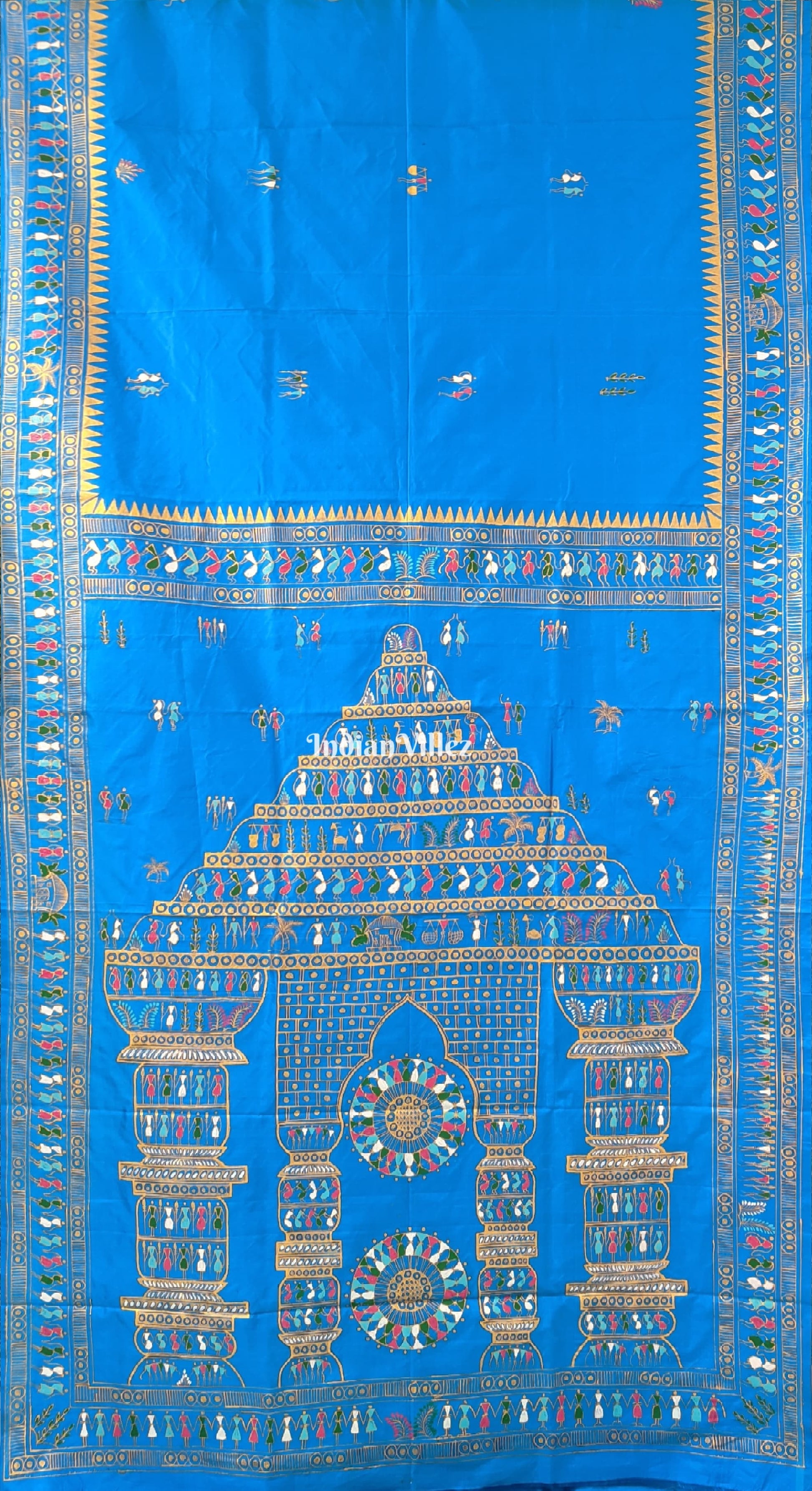 Copper Sulphate Tribal Art Konark Temple Hand-Painted Pattachitra Saree