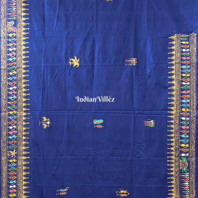Blue Tribal Themed Hand-Painted Pattachitra Saree
