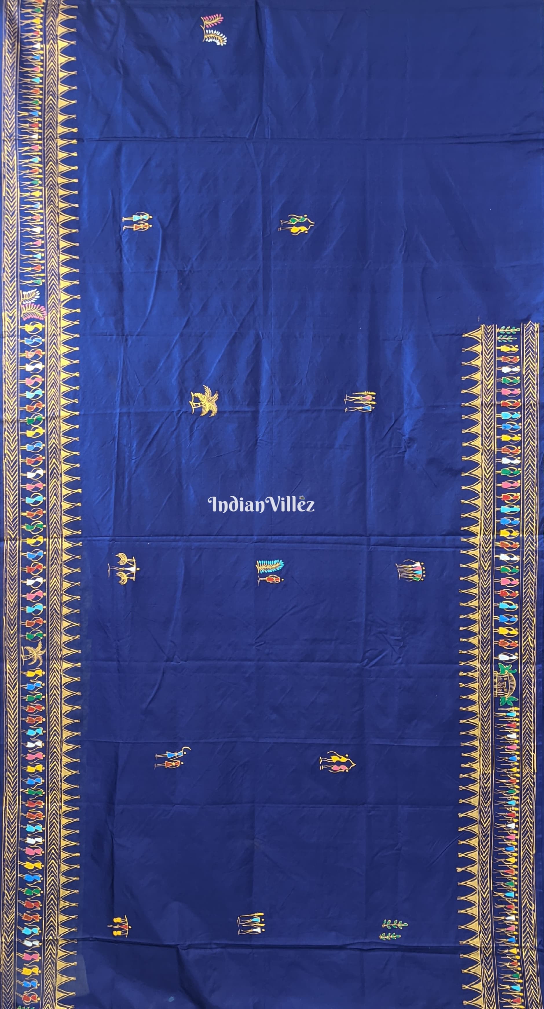 Blue Tribal Themed Hand-Painted Pattachitra Saree