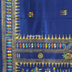 Blue Tribal Themed Hand-Painted Pattachitra Saree