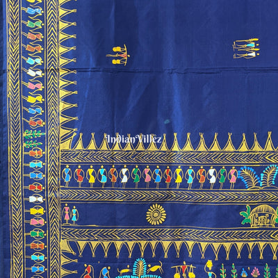 Blue Tribal Themed Hand-Painted Pattachitra Saree