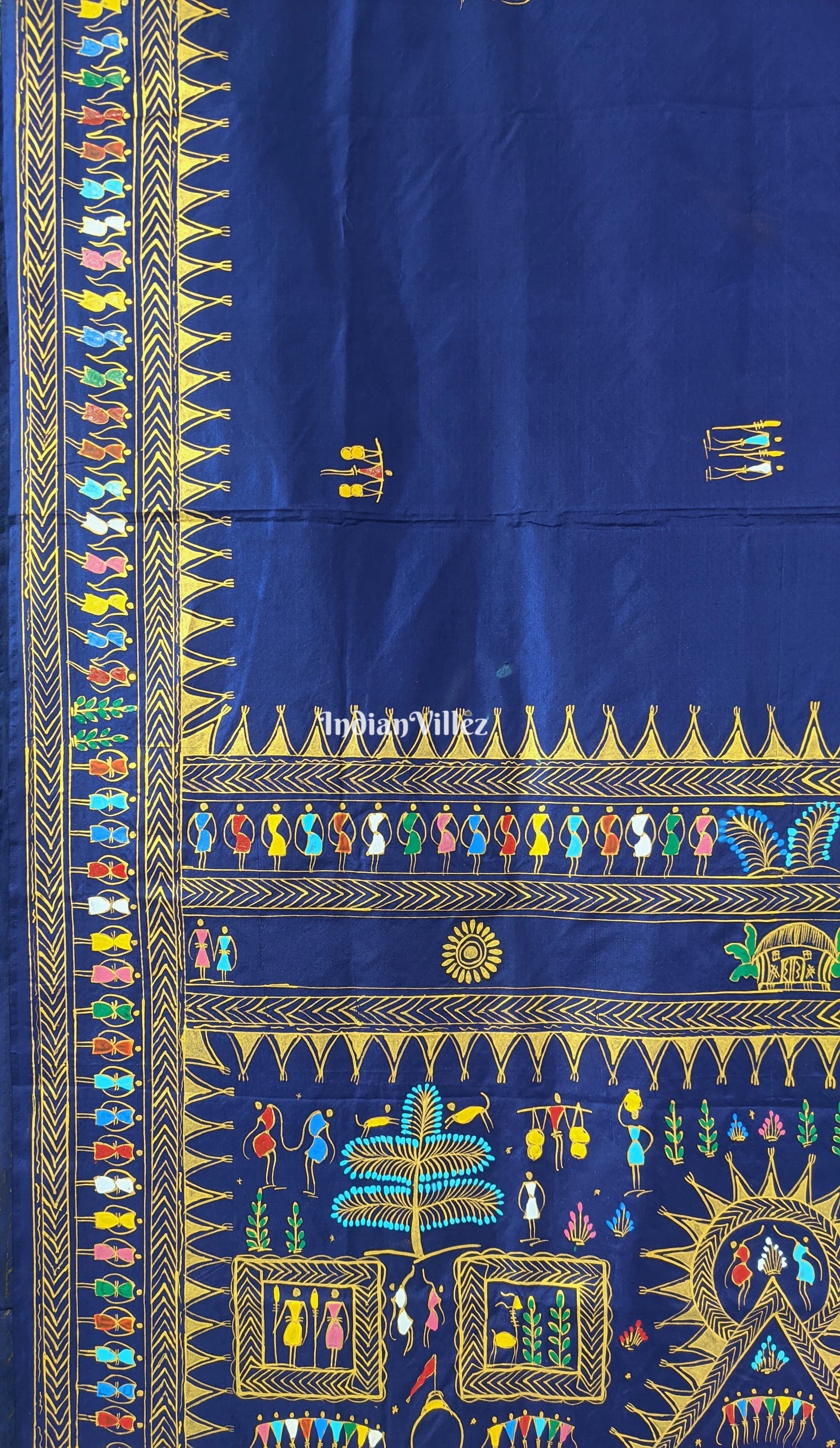 Blue Tribal Themed Hand-Painted Pattachitra Saree