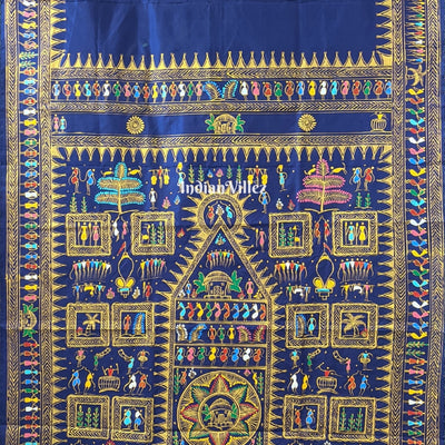 Blue Tribal Themed Hand-Painted Pattachitra Saree