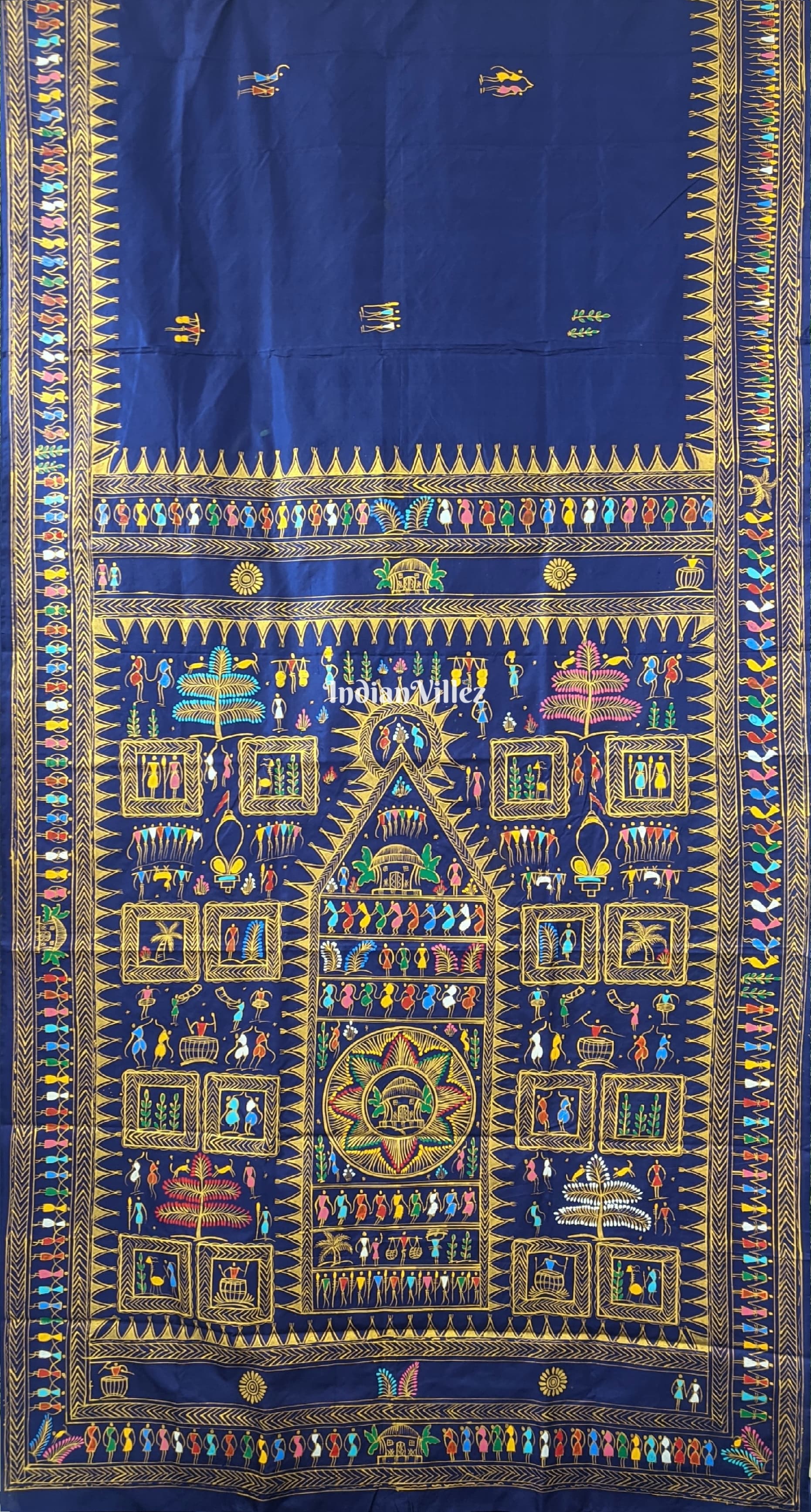 Blue Tribal Themed Hand-Painted Pattachitra Saree