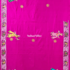 Pink Kandarpa Hati (Elephant) Hand-Painted Pattachitra Saree