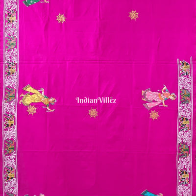 Pink Kandarpa Hati (Elephant) Hand-Painted Pattachitra Saree