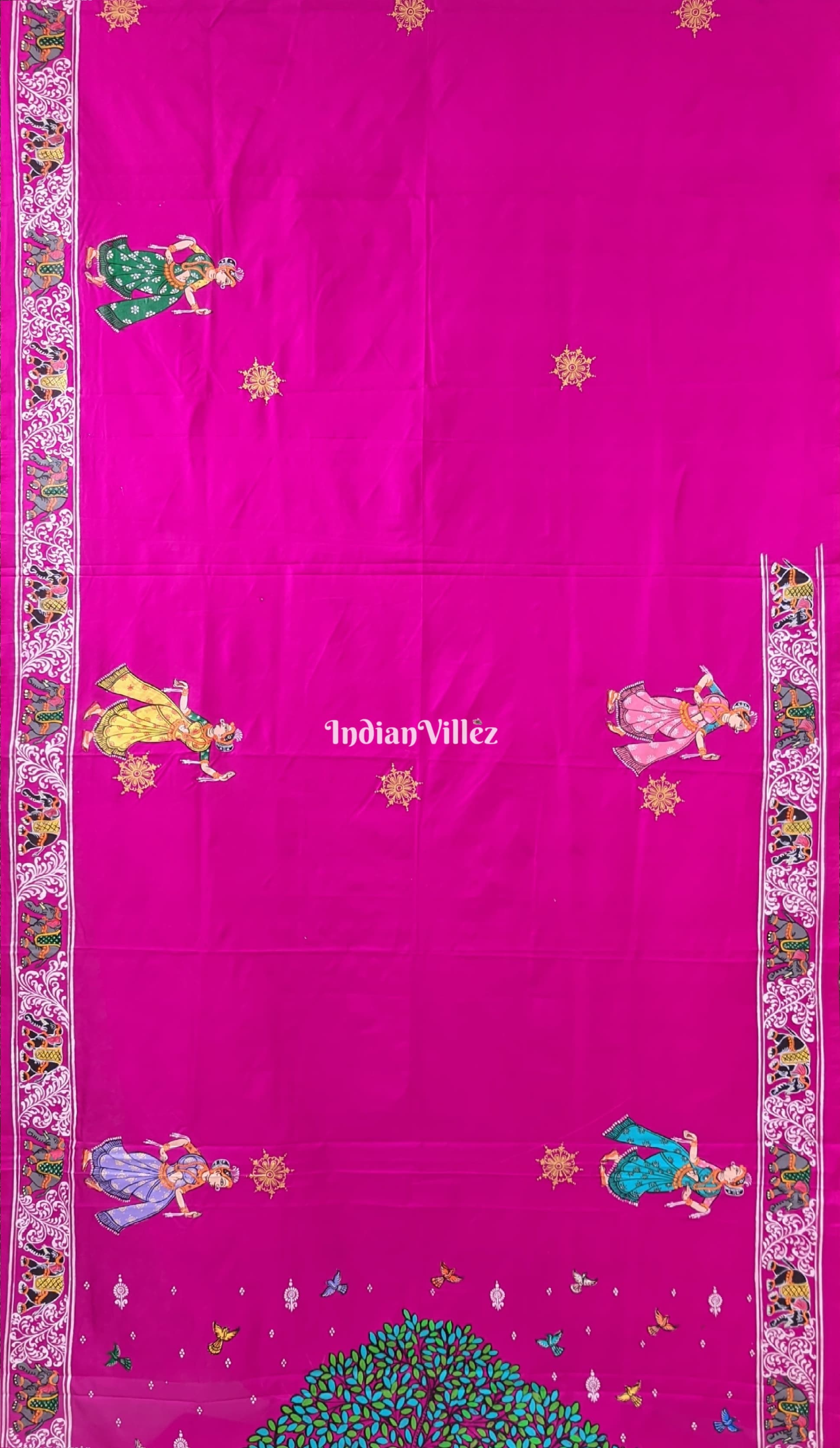 Pink Kandarpa Hati (Elephant) Hand-Painted Pattachitra Saree