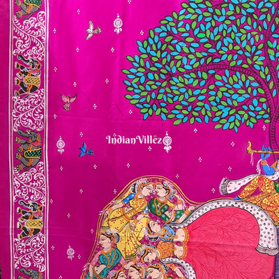 Pink Kandarpa Hati (Elephant) Hand-Painted Pattachitra Saree
