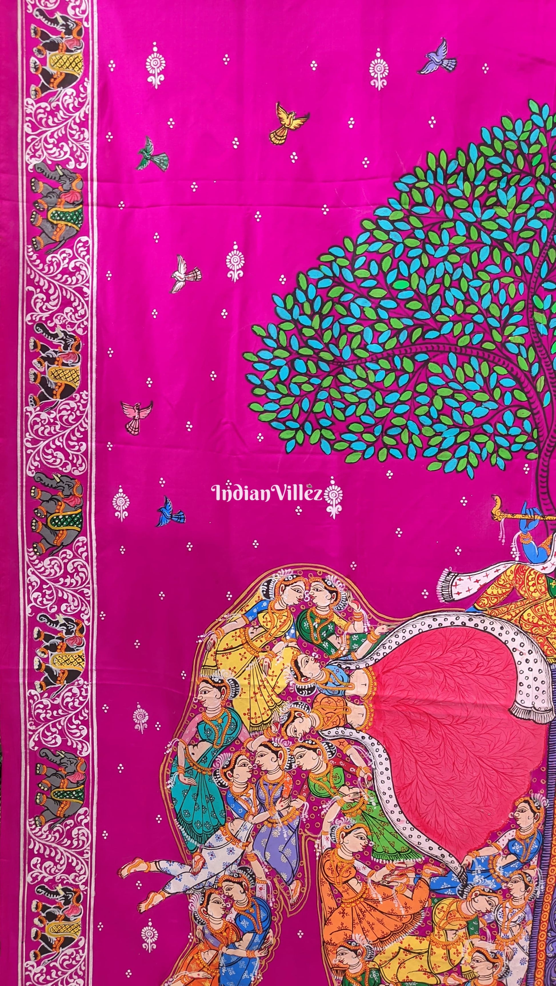 Pink Kandarpa Hati (Elephant) Hand-Painted Pattachitra Saree