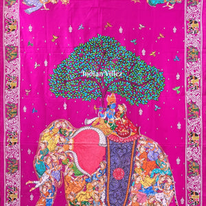 Pink Kandarpa Hati (Elephant) Hand-Painted Pattachitra Saree