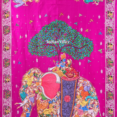 Pink Kandarpa Hati (Elephant) Hand-Painted Pattachitra Saree