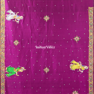 Wine Color Ram Sita Vivah Theme Hand-Painted Pattachitra Saree